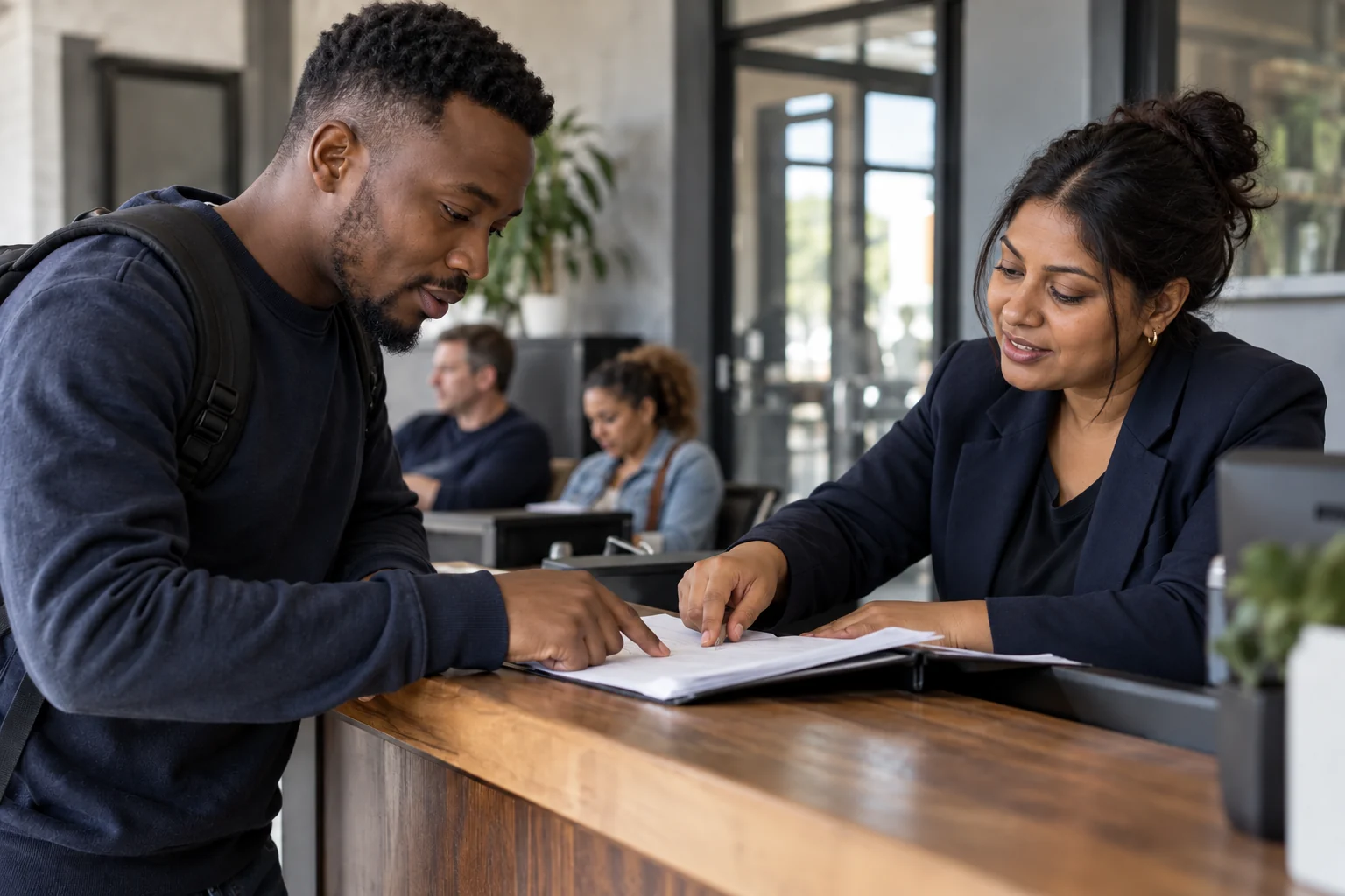 an applicant reviewing documents with an academy administrator