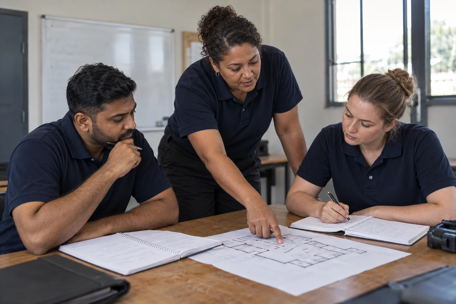 learners reviewing a shift plan with a training mentor